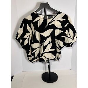 Tahari Blouse Top XL Large Black Cream Leaf‎ Print Tie Waist Short Sleeve